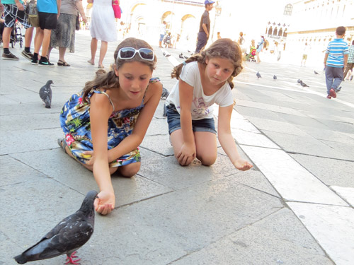 girls feeding pigeon